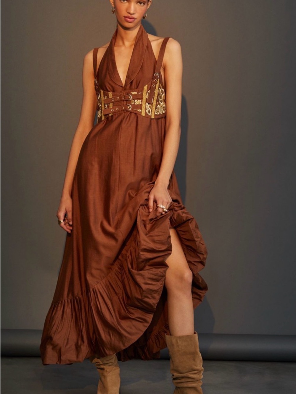 Anthropologie Brown Halter Maxi Dress with Embellished detached corset